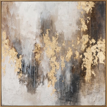 Abstracte schildering met grijze, gouden en bruine kleuren, met glanzende gouden accenten en een textuurrijke afwerking.