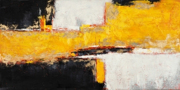 Krachtig abstract schilderij met zwart, wit en levendig geel, met texturen en een dynamische, gestructureerde compositie.