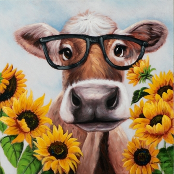 Schilderij fleurige koe 70x70