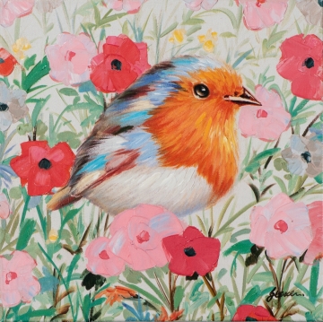 Schilderij vogeltje met bloemen 40x40