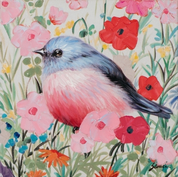 Schilderij vogeltje blauw met bloemen 40x40