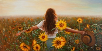 Schilderij vrouw in bloemenveld 70x140