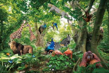 Diverse wilde dieren, waaronder giraffen, een leeuw, en een orang-oetan, zijn afgebeeld in een weelderig groen bos.