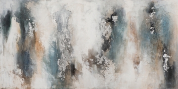 Abstracte schildering met subtiele grijstinten, bruin en azuurblauw, gemengd met textuureffecten en organische vormen.
