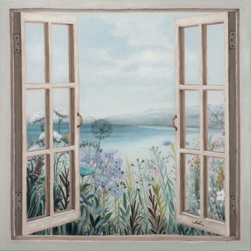Schilderij strand met doorkijk 100x100