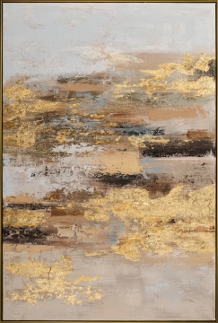 Abstracte schildering met goudkleurige accenten, bruin en blauw op een lichtgrijze achtergrond, complex kleurverloop en textuur.