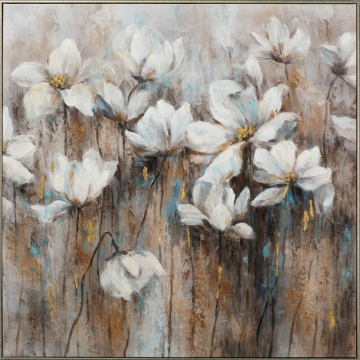 Witte bloemen met gele en blauwe accenten stijgen op uit een bruinachtige achtergrond, met een zachte, abstracte penseelstreek.