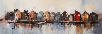 Schilderij huisjes aan haven 50x150
