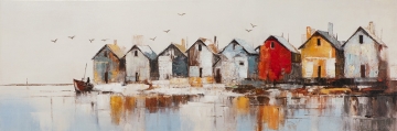 Schilderij huisjes aan haven 50x150