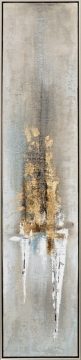 Strak abstract kunstwerk met een combinatie van gouden en beige tinten, met dynamische lijnen en texturen op een lichte achtergrond.