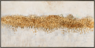 Goudkleurige abstracte kunst met een reliëfstructuur op een lichte, rustige achtergrond, weergegeven in een strakke zwarte lijst.
