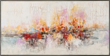 Abstract schilderij met warme kleuren zoals oranje, rood en geel, begeleid door koele tinten van blauw en wit op een gestructureerde achtergrond.