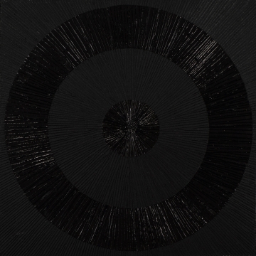 Zwart abstract kunstwerk met concentrische cirkels, variërend in textuur en glans, tegen een uniforme zwarte achtergrond.