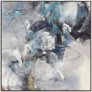 Abstract schilderij met grijs, blauw en gouden tinten, met vloeiende vormen en dynamische lijnen op een zachte achtergrond.