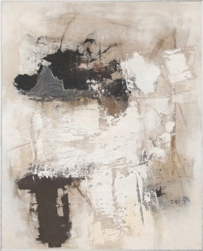 Abstracte schildering met een palet van bruin, zwart en crème, met structuur en dynamische penseelstreken op een lichte achtergrond.