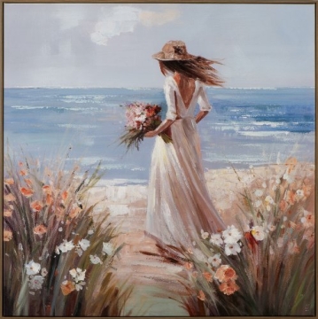 Schilderij vrouw aan strand met lijst 100x100