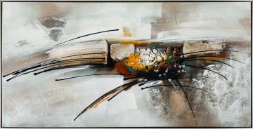 Abstract schilderij met zachte tinten grijs en aardetinten, met dynamische zwarte lijnen en een kleurrijk centraal element.
