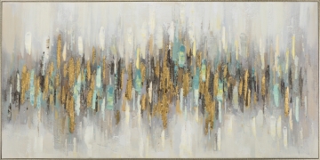 Abstracte schildering met gouden, aqua en grijze verticale strepen op een lichte achtergrond, die beweging en diepte suggereert.