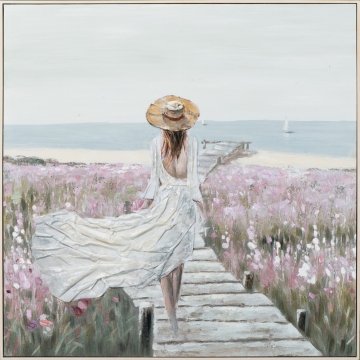 Schilderij vrouw aan strand met lijst 100x100