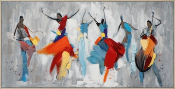 Zes abstracte figuren dansen en spelen muziekinstrumenten, met levendige kleuren zoals blauw, geel en rood tegen een grijze achtergrond.