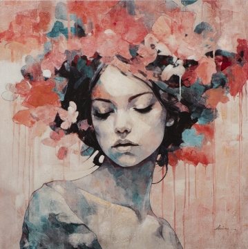 Een vrouw met een bloemenkrans en gouden sieraden, met een kunstzinnig versierde rug en vleugels als tattoo.