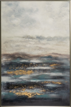 Abstract schilderij met zachte kleuren in grijs en beige, verfraaid met gouden accenten en een mistige, dromerige uitstraling.