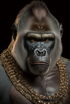 Een elegante kat met een opvallende bepopping van een hoed met vogels, gekleed in een verzamelstuk met een ruff en bloemenpatronen.