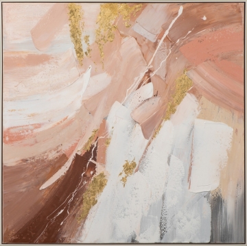 Abstract schilderij met concentrische cirkels in zwart, bruin en wit op een grijze achtergrond, met textuur en dynamische penseelstreken.