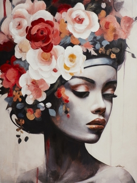 Twee giraffen met een kleurrijke vacht staan tussen groene bladeren en bloemen, terwijl een zebra naar hen kijkt.