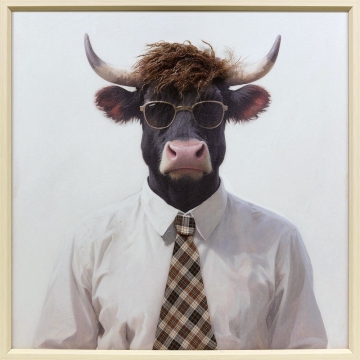 Schilderij grappige koe met fluffy haar 60x60