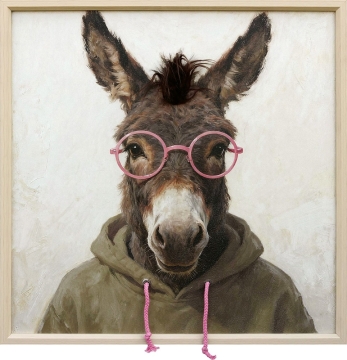Schilderij grappige ezel met fluffy haar 60x60