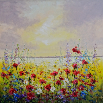 Schilderij bloemenveld 100x100