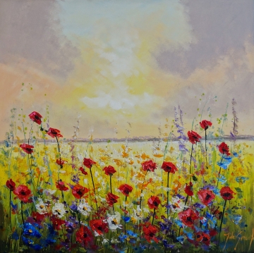 Schilderij bloemenveld 100x100