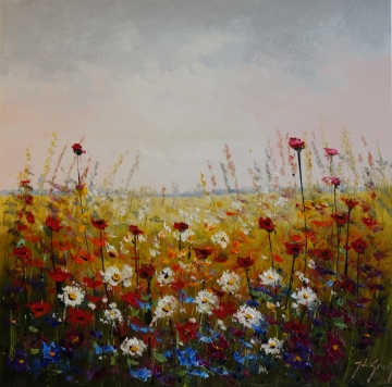 Schilderij bloemenveld 100x100