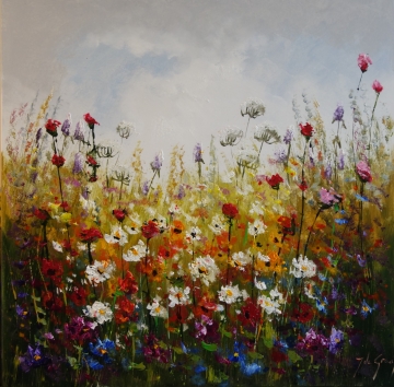 Schilderij bloemenveld 100x100