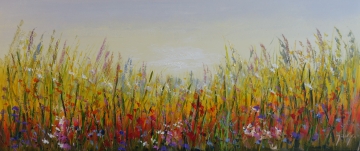 Schilderij kleurrijk bloemenveld 70x160