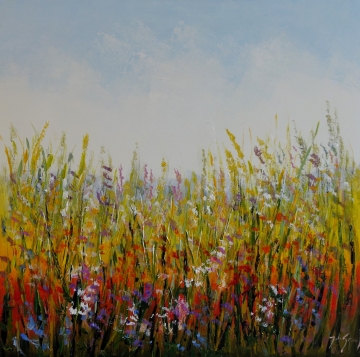 Schilderij bloemenveld 100x100