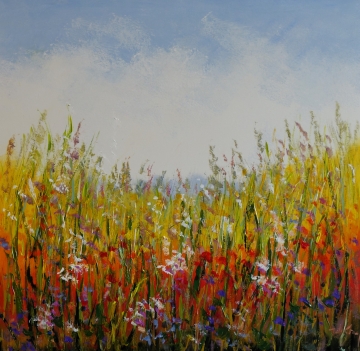 Schilderij bloemenveld 100x100