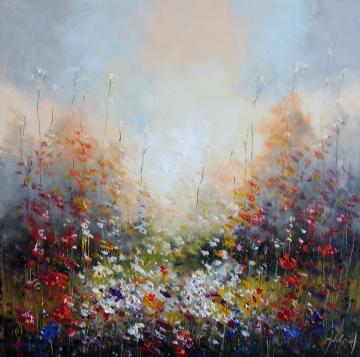 Schilderij bloemenveld 100x100