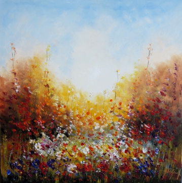 Schilderij bloemenveld 100x100
