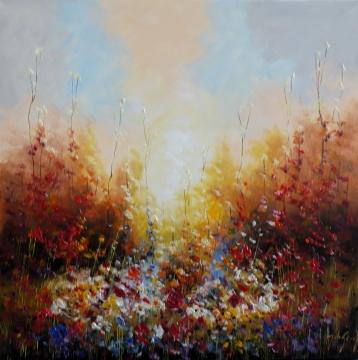 Schilderij bloemenveld 100x100