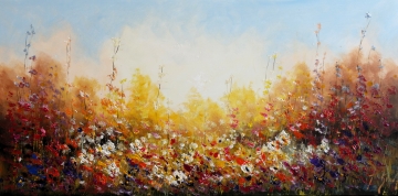 Schilderij kleurrijk bloemenveld 70x140