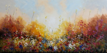 Schilderij kleurrijk bloemenveld 70x140