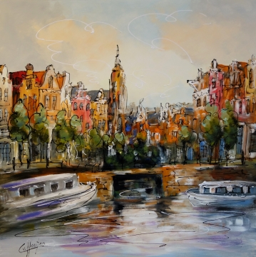 Schilderij moderne gracht 100x100