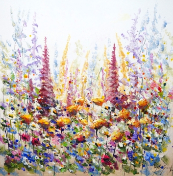 Schilderij kleurrijk bloemenveld 80x80
