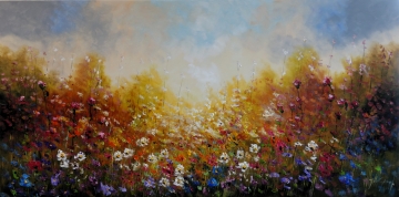 Schilderij bloemenveld 100x200