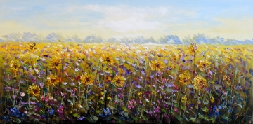 Schilderij kleurrijk bloemenveld 70x140