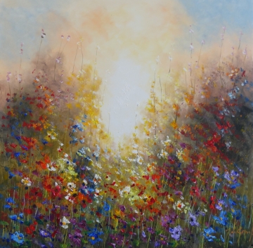 Schilderij bloemenveld 100x100