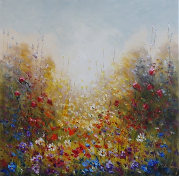 Schilderij bloemenveld 100x100
