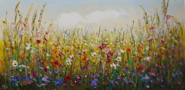 Schilderij kleurrijk bloemenveld 70x140